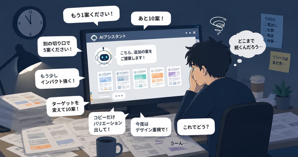 「もう1案ください！」「あと10案！」「ターゲットを変えて10案！」とAIアシスタントに案を求め続け、深夜に「どこまで続くんだろう…」と疲れている人のイラスト